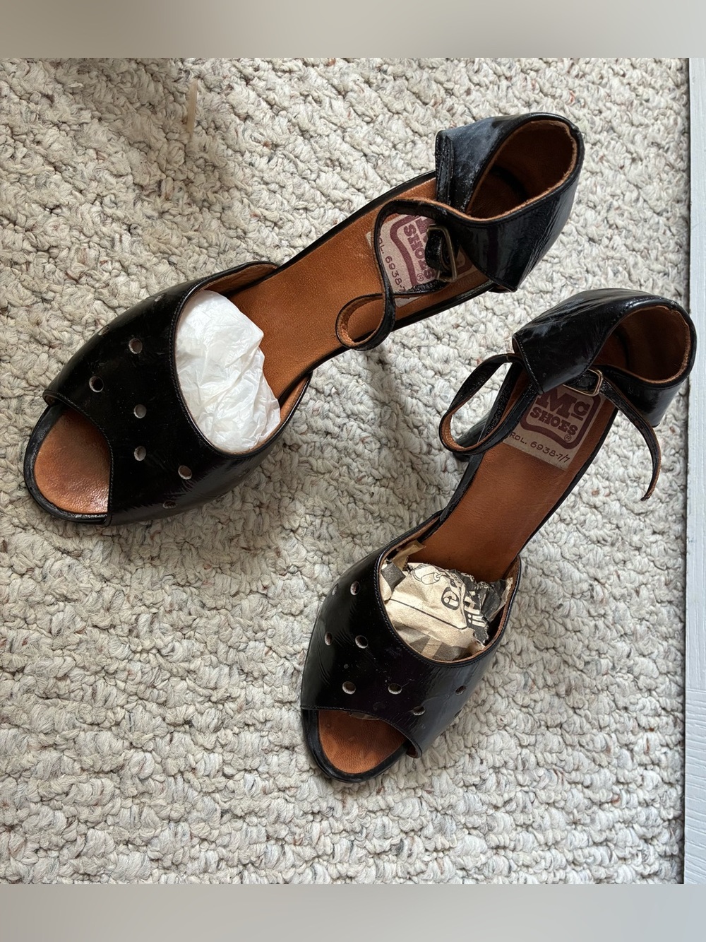 Mc Shoes Black Leather Open-Toe Ankle Strap Heels, Made in Chile, Vintage